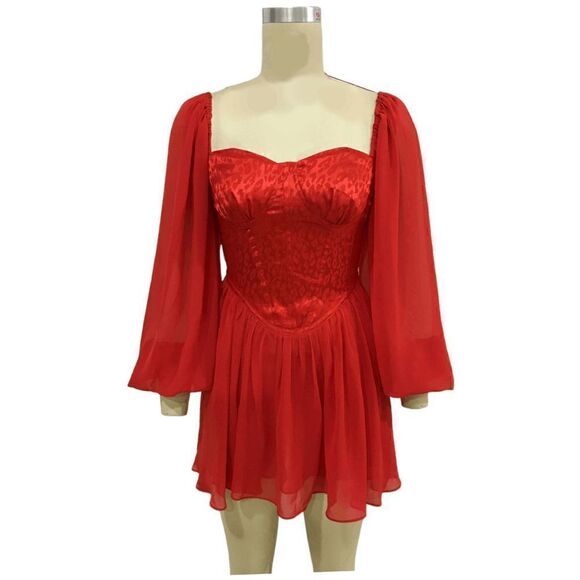 ❤️ Long Lantern Sleeve Satin Corset Cocktail Party Red Swing Dress SIZE L NEW - Picture 7 of 12
